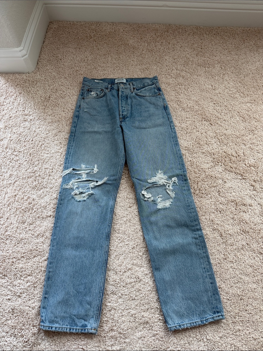 Agolde High Rise Light Blue Distressed Straight Jeans